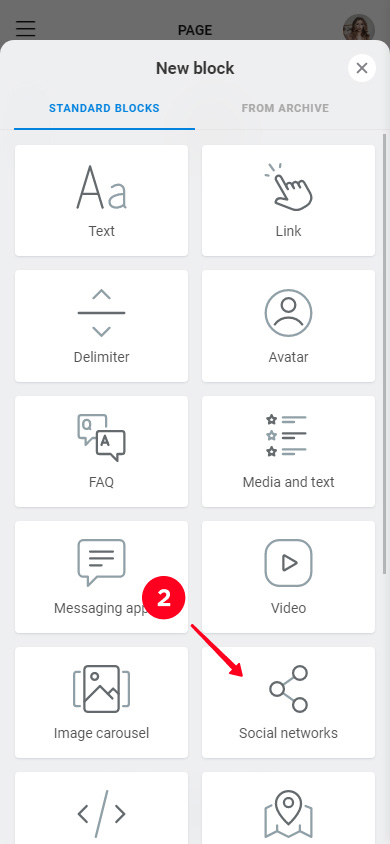 Choosing Social networks on the list of Taplink blocks