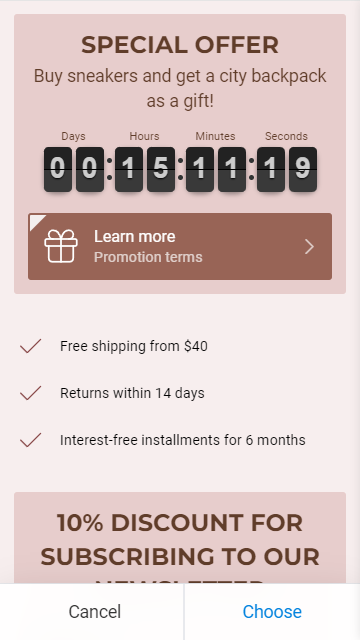 Un timer che mostra il tempo rimanente dell'offerta speciale su un sito web aziendale di un negozio