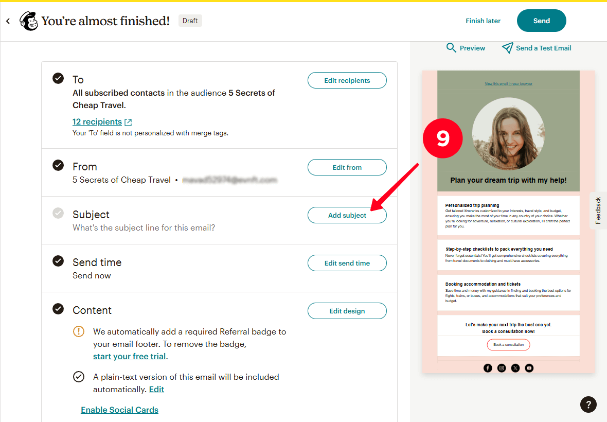 Clicking Add subject on the email sending settings page on the email automation platform