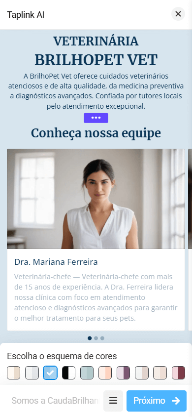 Uma página com um esquema de cores azul na ferramenta de link in bio Taplink AI