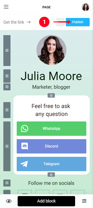 Tapping the Publish button in the Taplink page editor