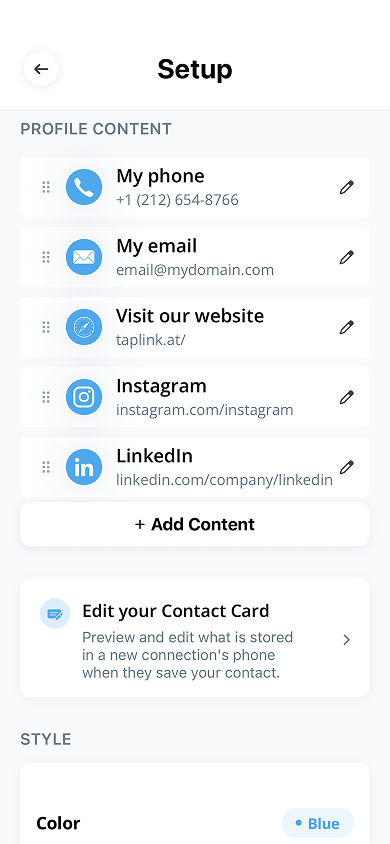 Link settings page in the Dot app