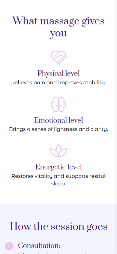 Massage benefits with icons and descriptions created with Taplink’s Media and text block