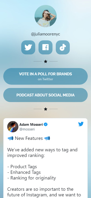 Blogger’s Taplink page with Twitter buttons and a Tweet widget