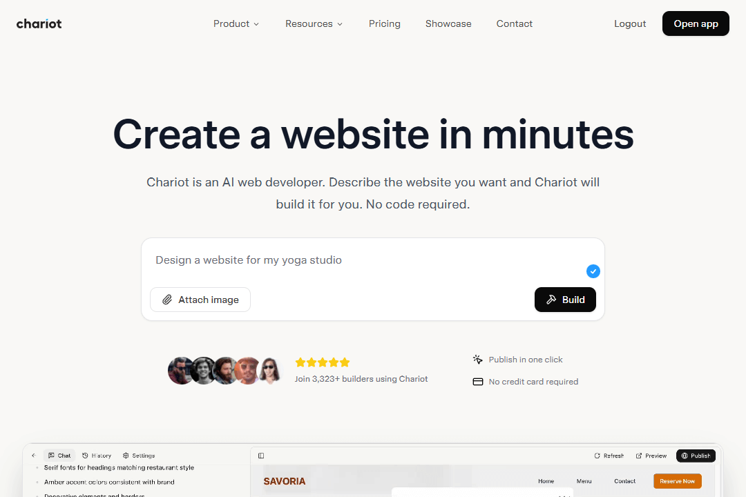 The main page in the Chariot AI-powered website builder
