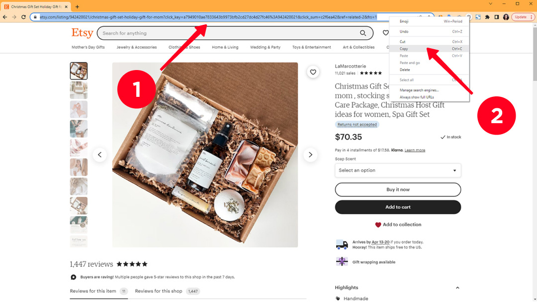 Copying Etsy product link on the desktop marketplace site