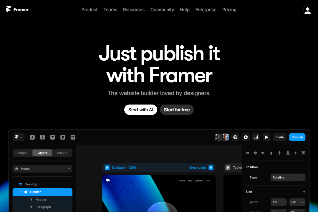 The main page of the Framer artificial intelligence website creator