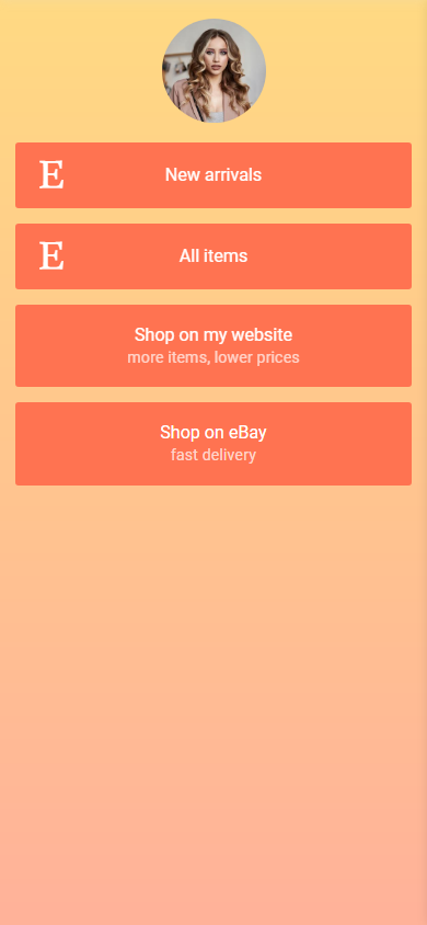 Orange gradient theme applied to an Instagram link in bio page with Etsy link
