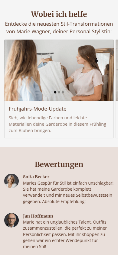 Ein Teil der von Taplink AI generierten Seite mit Dienstleistungen und Kundenbewertungen