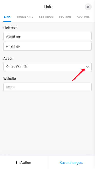 Tapping the Action list in the Link block settings