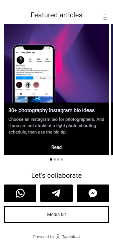 Image carousel with links to blog articles on an Instagram business card