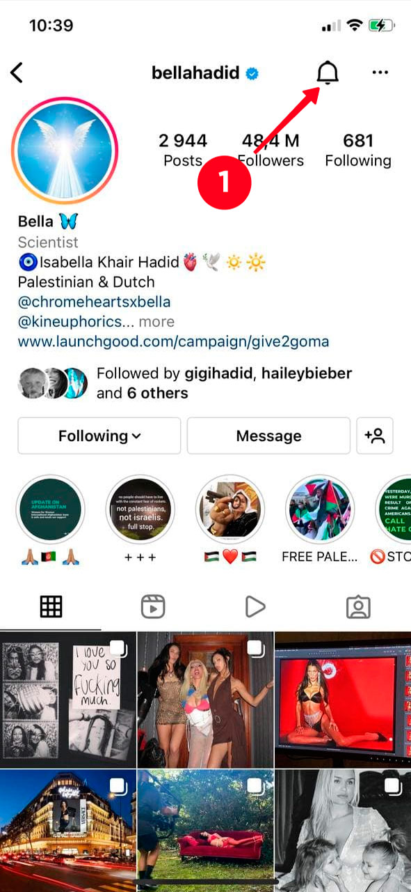 Highlighted bell icon on an Instagram profile page
