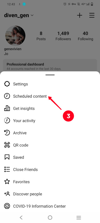 Choosing Scheduled content on the Instagram account options