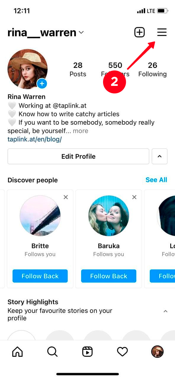 Tapping the hamburger icon on an Instagram profile page