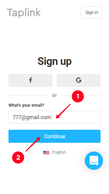 Iscrizione tramite email sulla pagina di registrazione di Taplink