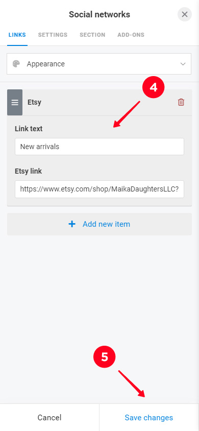 Adding an Etsy shop link in the settings of a block on an Instagram link in bio page