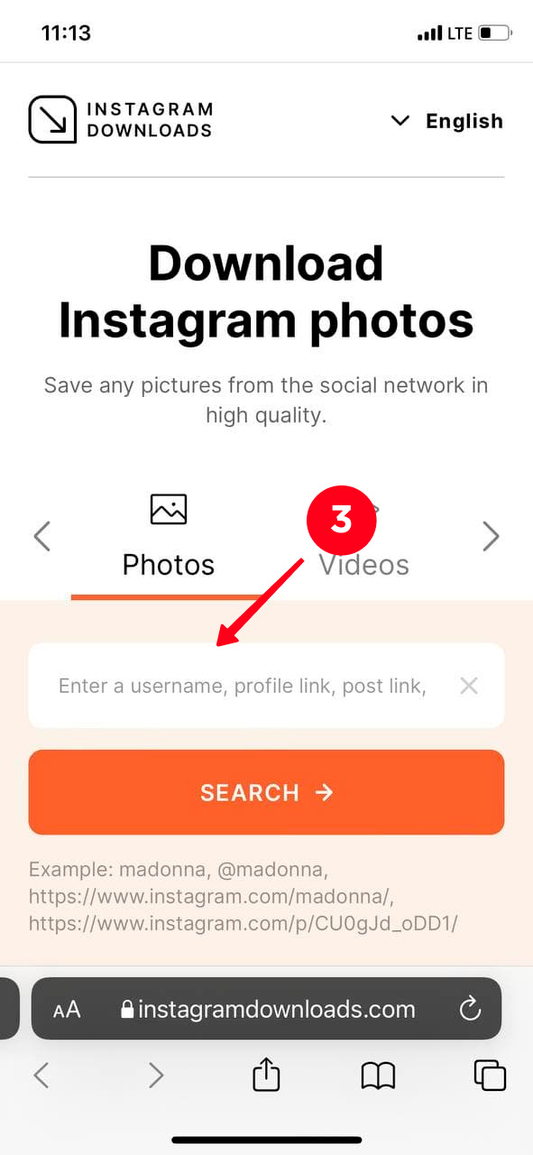 Tapping the search bar on the InstagramDownloads