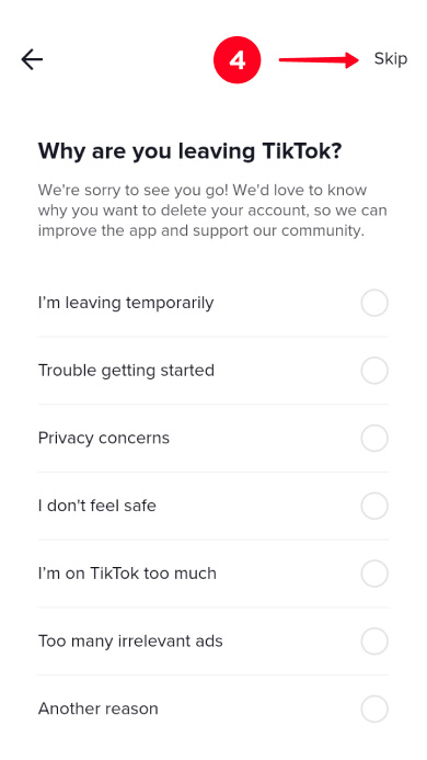 Tapping Skip when deleting the TikTok account