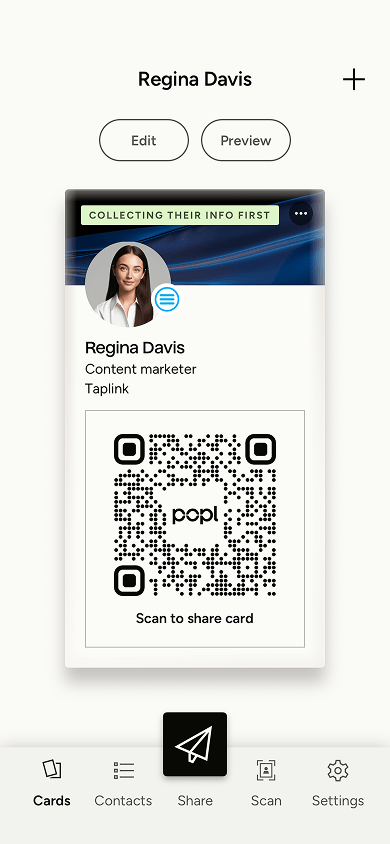 Digital business card preview in Popl