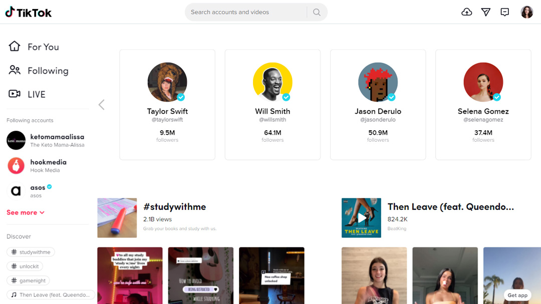 TikTok page with the most popular songs, hashtags, and accounts