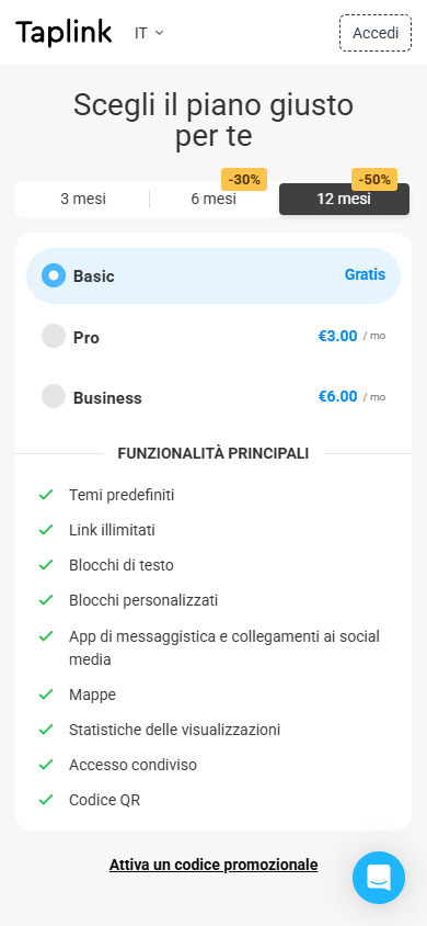 Piano tariffario per creare un Linktree gratis