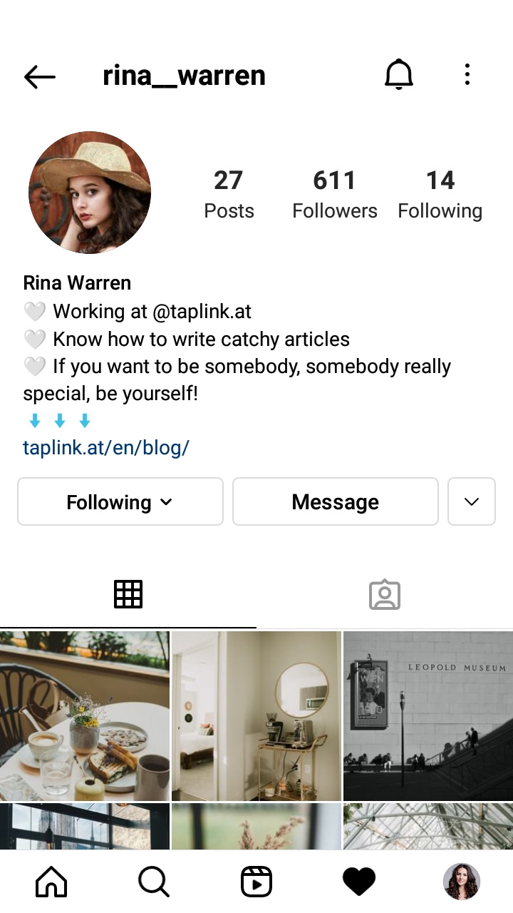 Instagram profile page with a portrait photo set as the profile picture