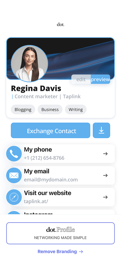 Digital business card preview in the Dot app