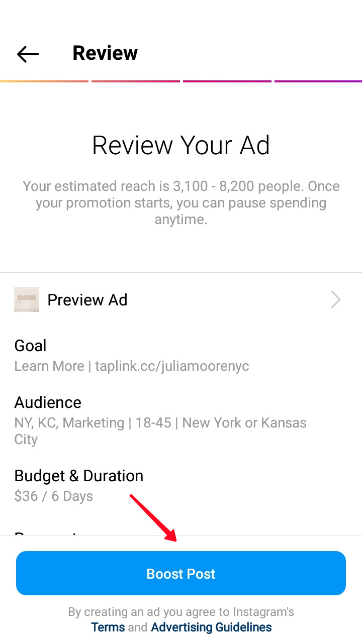 Tapping Boost Post on the Review page in the Instagram app