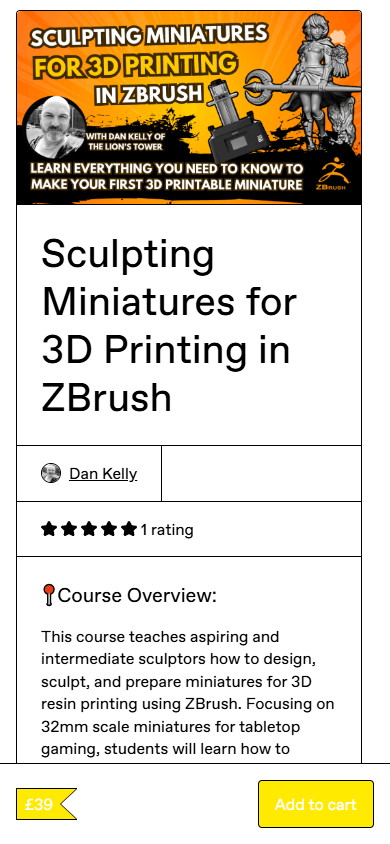 A Gumroad store page offering a 3D sculpting course