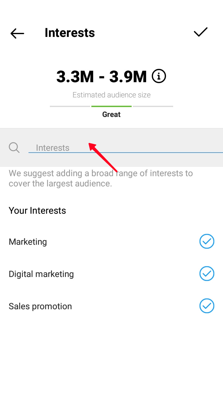 Highlighted Interests fields in the audience settings of targeted post advertising on Instagram