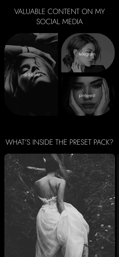 Middle of a photographer’s page with photo tiles used as social links, created with Taplink’s Custom block