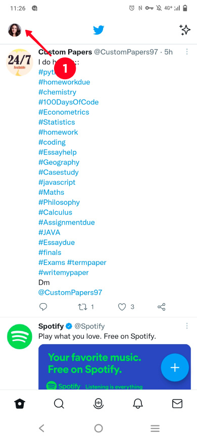 Tapping the profile photo in the home tab in the Twitter app