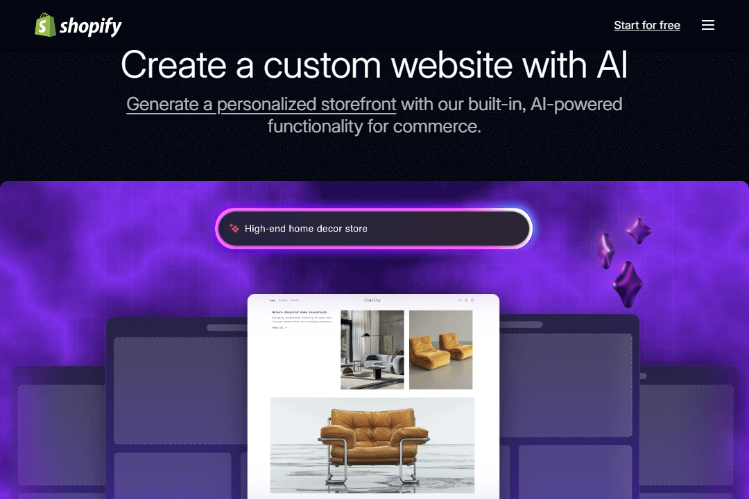 The main page of the Shopify AI e-commerce website builder