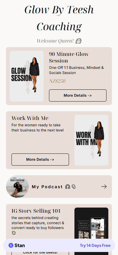 Business coach’s Stan Store page example