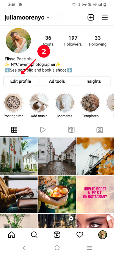 Toccare le impostazioni del profilo nell'app di Instagram