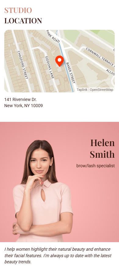 Location and introduction of a makeup artist on a Taplink page