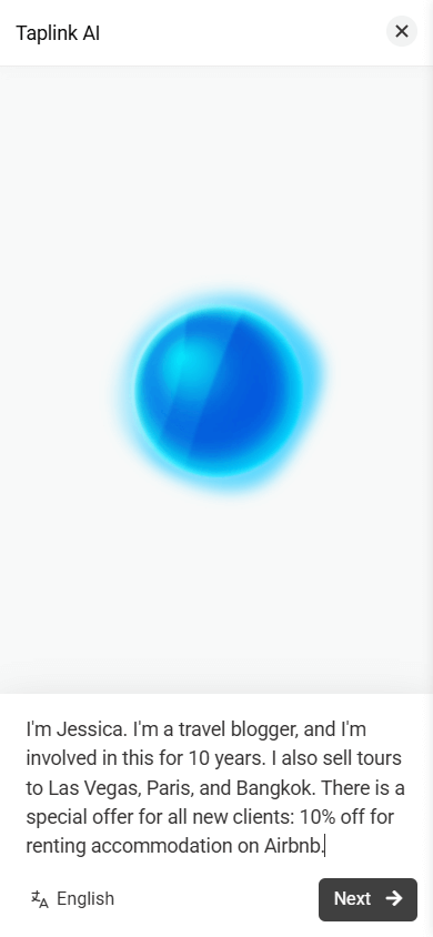 Taplink AI interface with the business description entered