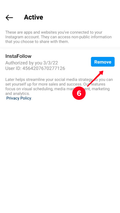 Removing an app from the list of the apps with the connected Instagram account
