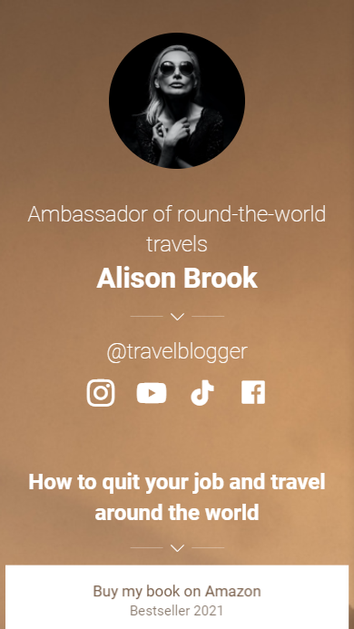 Link in bio page of a travel blogger made on Taplink and added to a TikTok profile bio