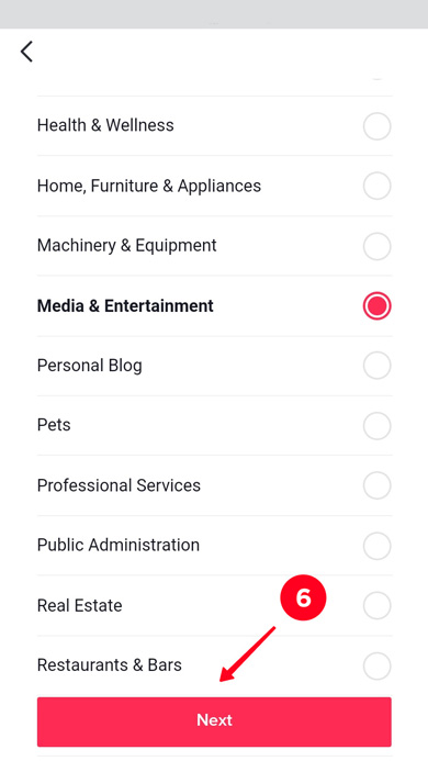Tapping the Next button in the tikTok business account category settings