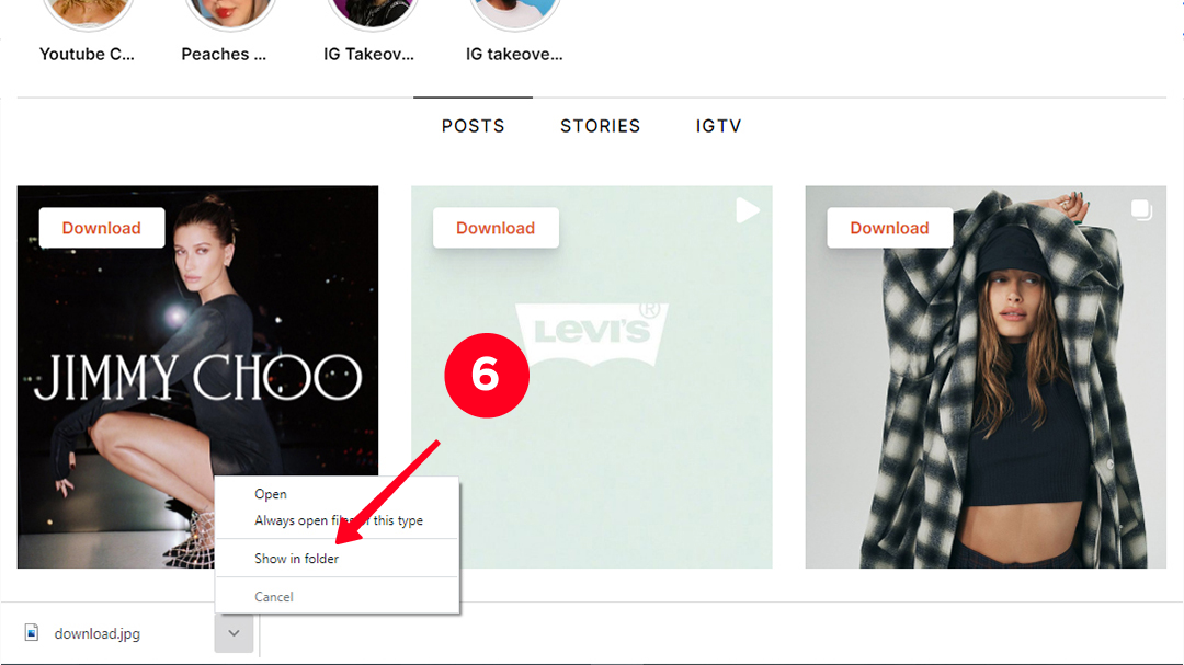 Choosing Show in folder in the menu of a downloaded Instagram profile picture