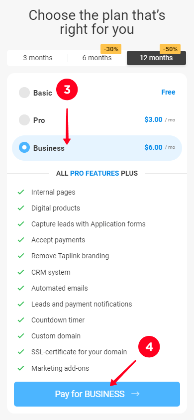 Selecting the Business plan and tapping the Pay for BUSINESS button on the pricing plans page