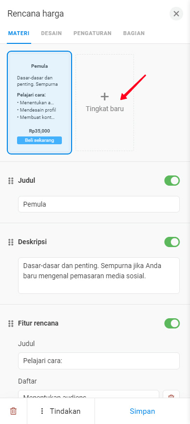 Mengetuk Paket baru di pengaturan blok Rencana harga