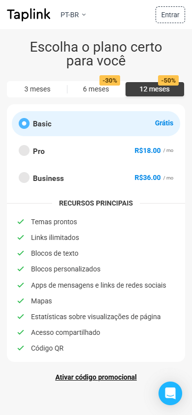 Plano gratuito para criar uma página Linktree