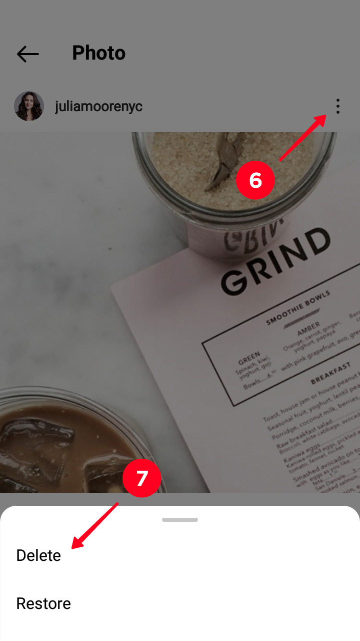 Tapping the three-dot menu of an Instagram post and choosing Delete