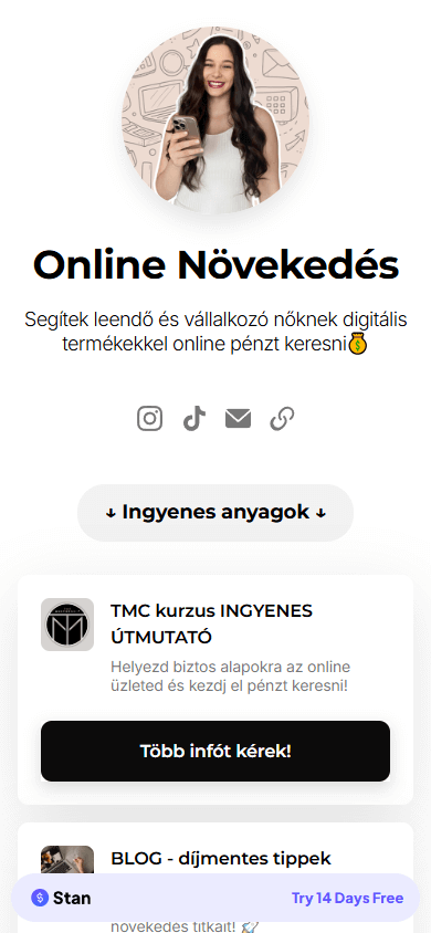 A Stan Store page of a business coach for digital product selling