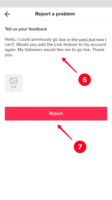 Writing a request to the TikTok support team and tapping Report