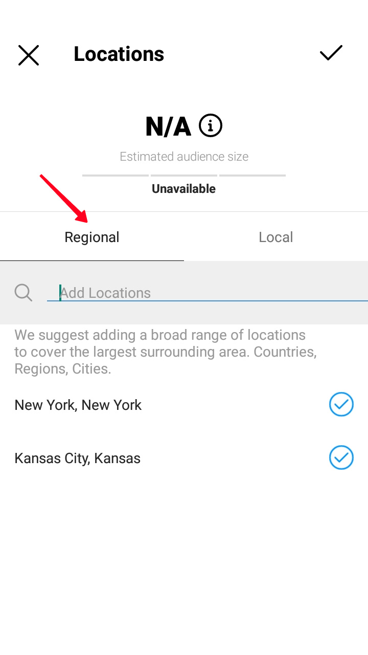 Highlighted Regional tab in the Location settings of a targeted audience