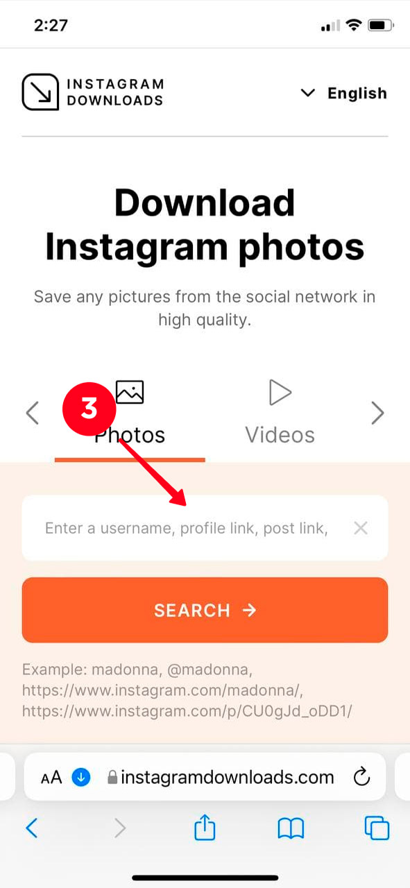 Tapping the search bar on the Instagram Downloader website