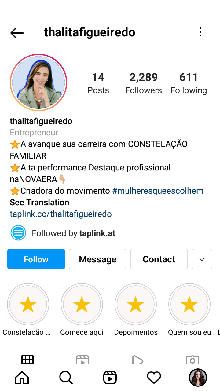 Entrepreneur’s page on Instagram with her photo on the bright background set as the profile image